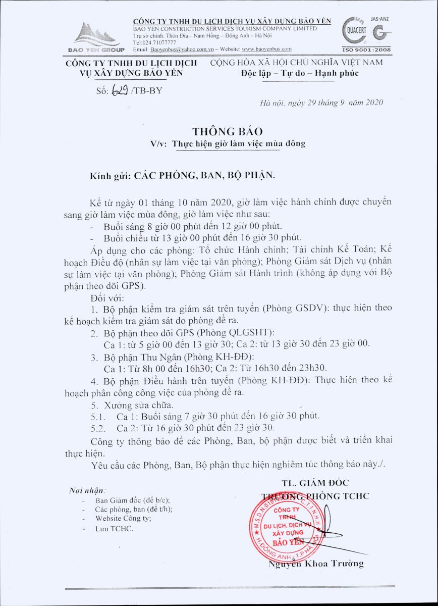 THÔNG BÁO THỰC HIỆN GIỜ LÀM VIỆC MÙA ĐÔNG
